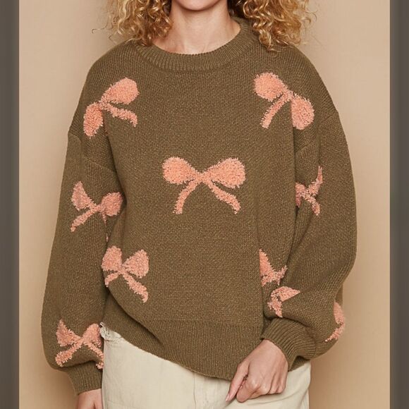 POL Tops - POL Olive Green Sweater with Pink Bow Accents